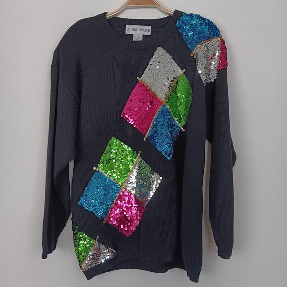 Vintage Victoria Harbour Black Sequin Argyle Sweater Embellished Holiday Medium - Picture 8 of 11